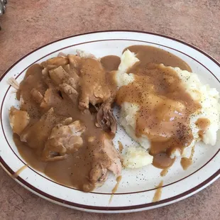 Delicious hot turkey sandwich with mash potatoes and gravy made to order (I had mine with no bread).