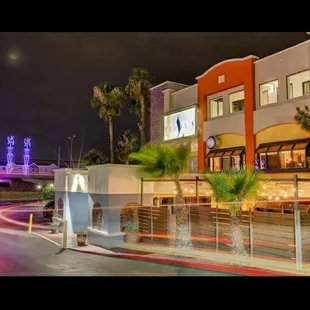 a view of a bridge at night