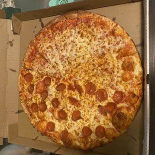 18" extra cheese and half pepperoni.