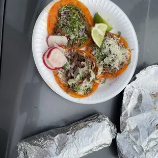 Two tacos with cheese, one taco without cheese, and the smallest burrito I&apos;ve ever had outside of a fast food place.