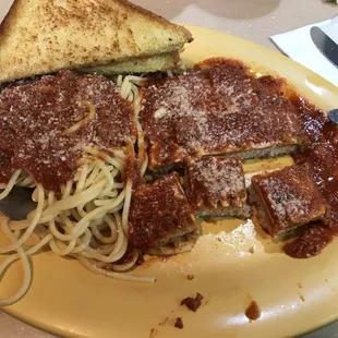 Veal Parm with spaghetti and garlic bread, also came with soup, salad, or Coke slaw.