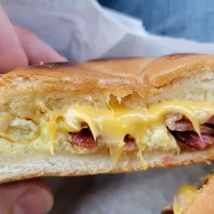 Bacon, egg, and cheese sandwich on a Kaiser roll