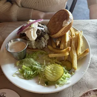 Swiss and Mushroom Burger with fries