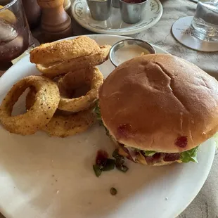Canyon Creek Burger with Onion rings! Delicious