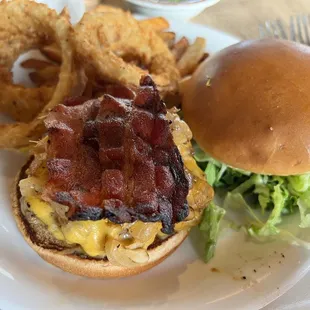 Bacon  Burger  w/half fries / half onion  rings. Rings are good but fries are much better!