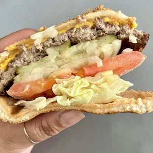 3/23. Cheeseburger. Juicy burger patty with charred edges. Lots of vegetables piled in. Love the melted cheese &amp; thousand island sauce!