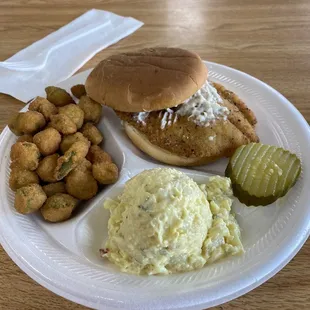 Fried tilapia sandwich, fried okra and potato salad . Very good !! 7/10/23