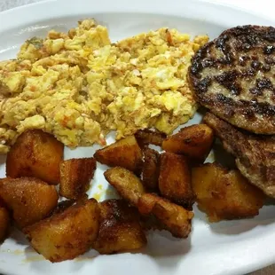 Greek style scrambled eggs with home fries and sausage