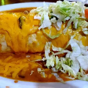 Chicken &amp; bean burrito smothered in green chili