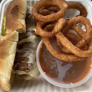 Meatball Sandwich w/ Onion Rings
