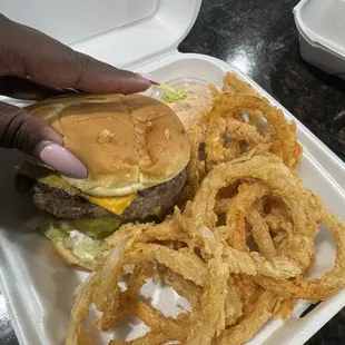 Homemade Hamburger, add cheese Onion Rings