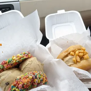 Fruity Pebble treat and donut sandwiches