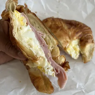 Ham, egg, and cheese on a croissant