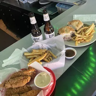 Chicken tenders and a French dip