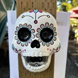 a skull on a post