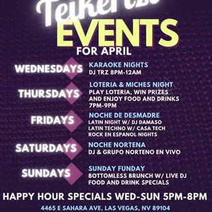 our events from Wednesday thru Sunday!