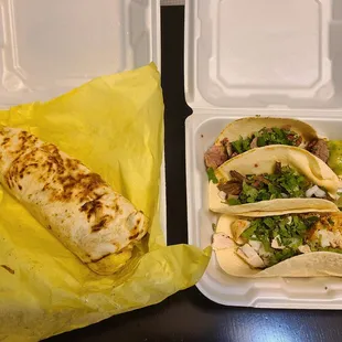 Breakfast burrito and tacos