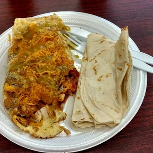 Chicken omelette with a side of flour tortillas
