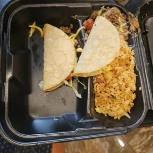 Hard ground beef tacos w/beans &amp; rice, take-out,