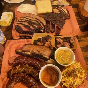 Pork belly, pork ribs, brisket, beef ribs, burnt ends, sausage