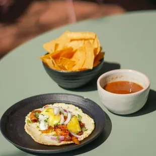 a plate of food and a bowl of salsa