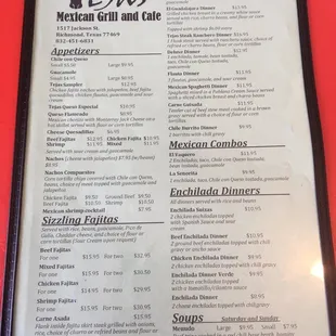 Front page of the menu