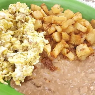 Sausage egg refried beans with crispy potatoes.