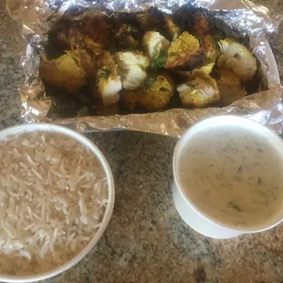 Reshmi kabob, rice and raita