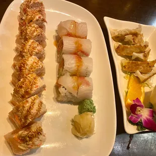 Gyoza appetizer, Thai chili roll , and angry dragon roll