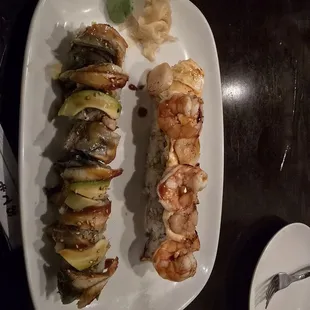 Dragon roll (eel) and derby roll (shrimp and scallops)