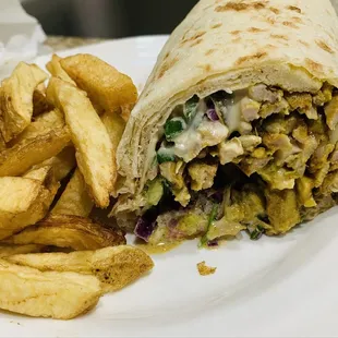 a burrito and french fries