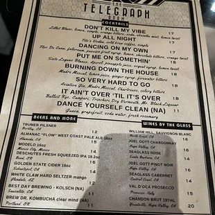 Bar menu as of 9/2024
