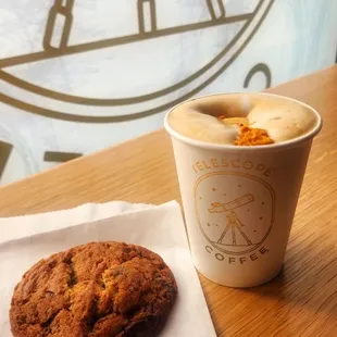 Honeycomb latte and a chocolate chip cookie