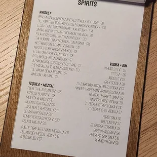 Spirits menu