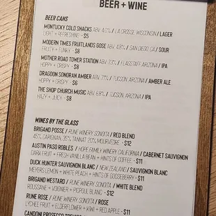 Beer + wine menu