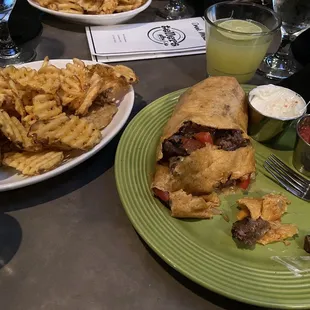 Steak wrap and waffle fries