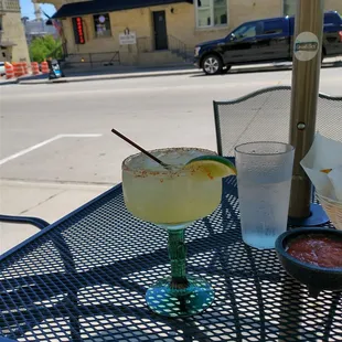 A great margarita on a beautiful day! Berry salad was yummy, too. Salsa not so great-- bland &amp; too smooth for my tastes.