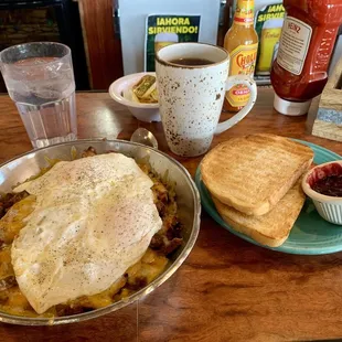 Skillet with sourdough toast, and homemade jam