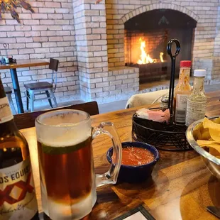 Nice table by fireplace