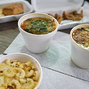 Mac and cheese, honey biscuits, shrimp n' grits, catfish nuggets, Cajun grits