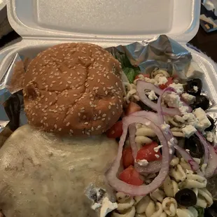 Burger with Greek Pasta Salad