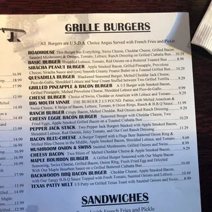 Burger list. The Big Mouth Vinnie is their unique burger!!! Wow it's huge!!!