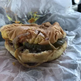 Do not let the image fool you. This was delicious.  Moist, beefy goodness, with grilled onions and pickles.