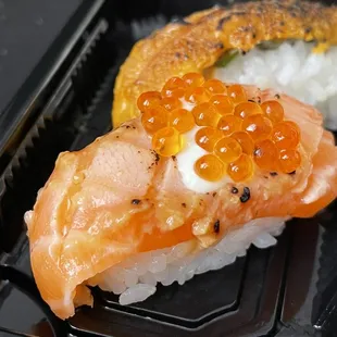 Aburi Salmon Belly w/ creme fraiche and smoked trout roe