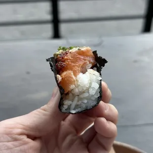 Seared Salmon Hand Roll (few chomps in)!