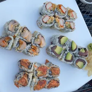 Spicy crab roll, tuna avocado roll, spicy tuna roll, spicy yellow tail