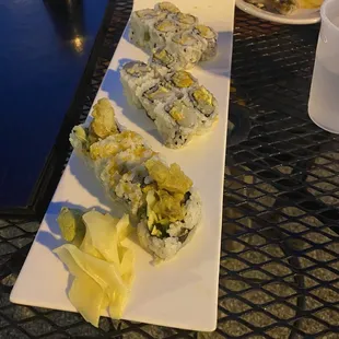 Spider roll, spicy crab roll, spicy scallop roll, Miso soup