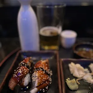 Unagi, sashimi, hot sake, cold Kirin = Heaven