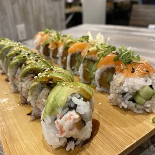 Caterpillar roll, salmon lovers roll