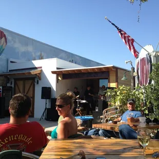 Nice patio .. Biker bar with live music and good draft selection.